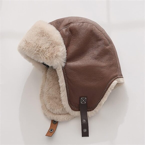 Men’s Winter Trapper Hat Leather Aviator Ushanka Bomber Cap Faux Fur Ear Flaps - Picture 6 of 9